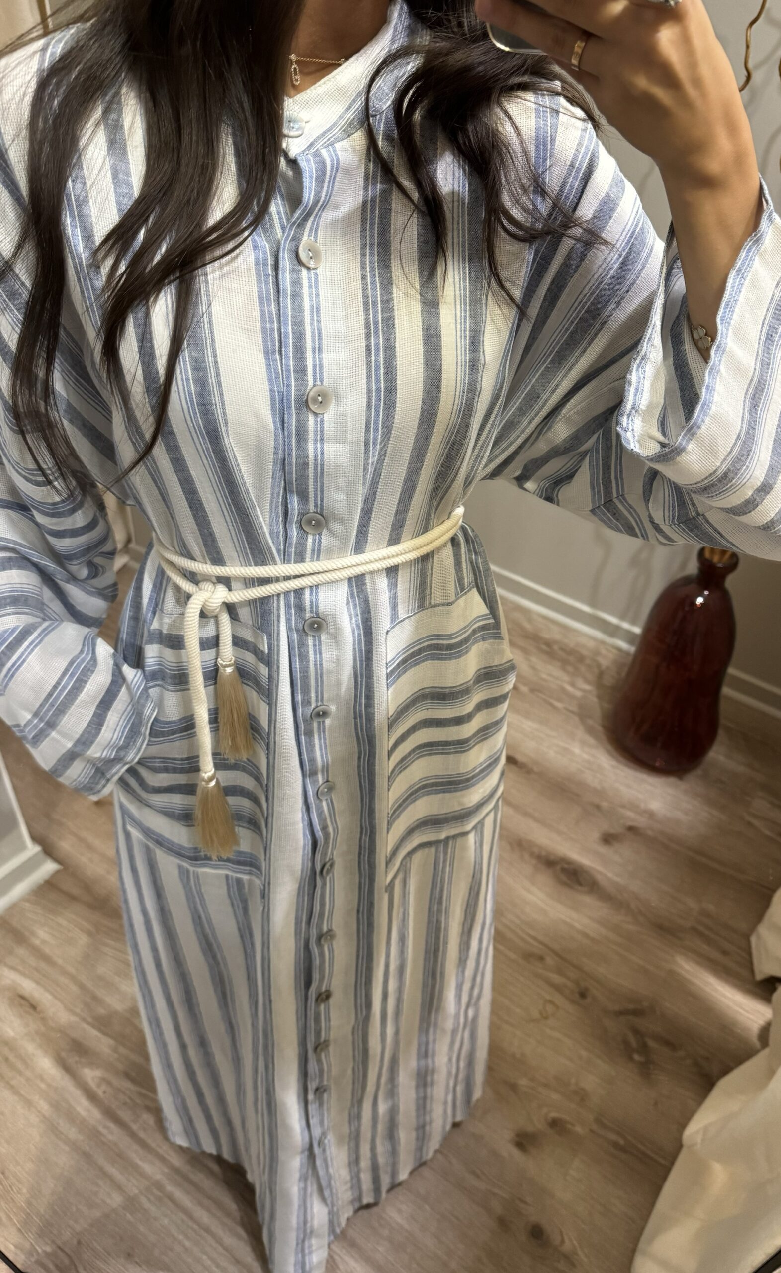 Robe kimono en véritable LIN [BLEU]