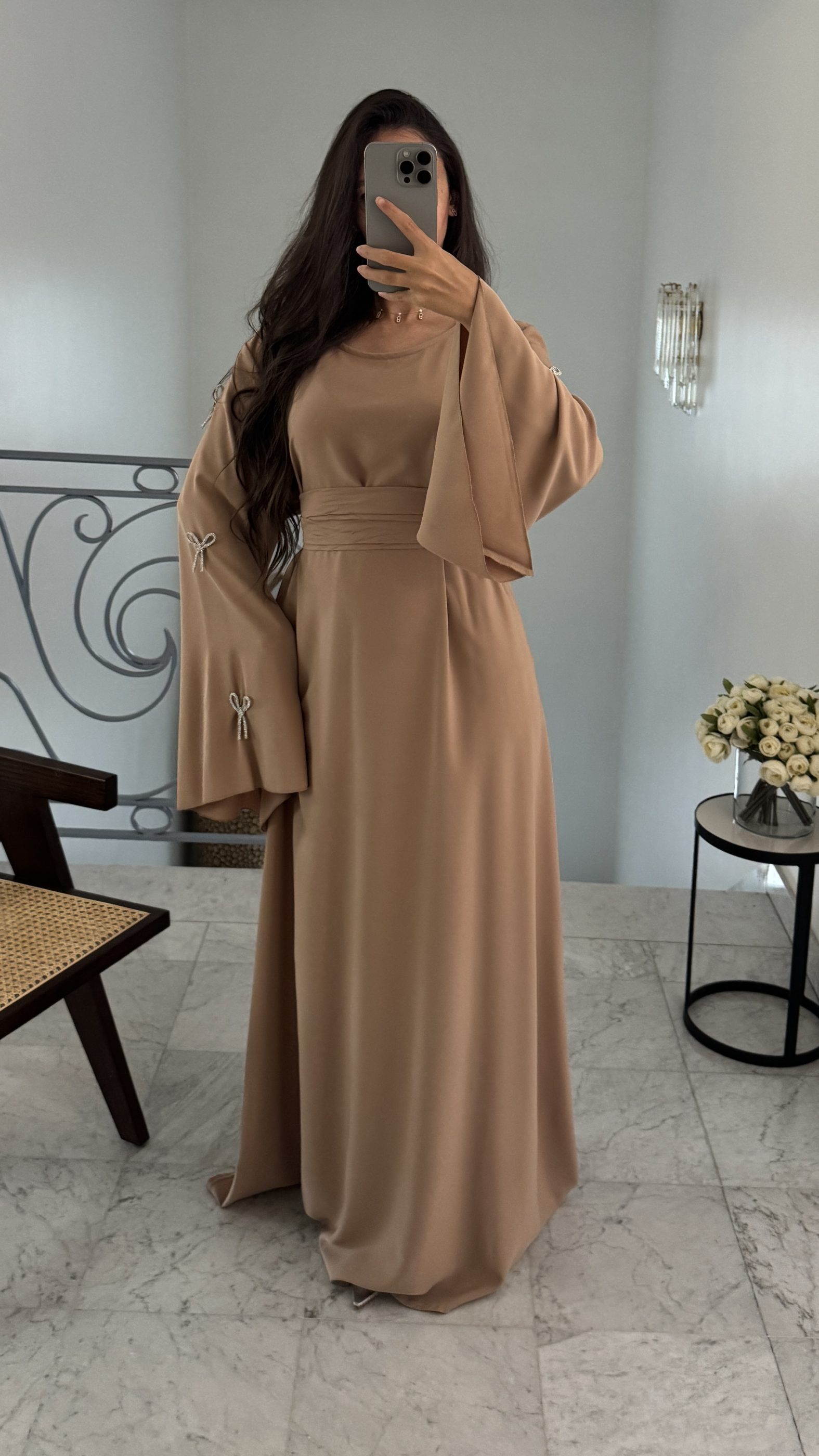 Abaya noeud argenté [CAMEL]
