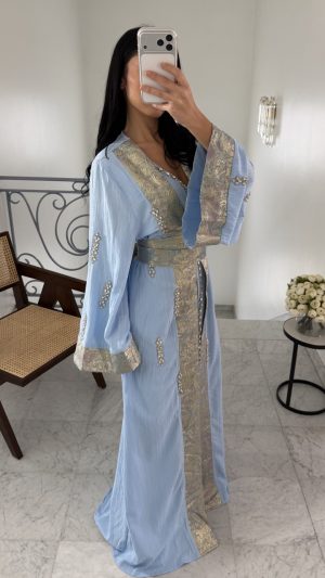 Caftan 2 pièces en brocard [BLEU]