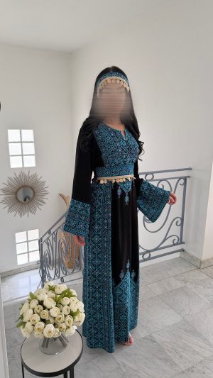Robe palestinienne majestueuse bijoux de tête [BLEU]