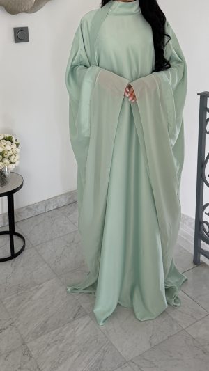 Abaya longue en satin et mousseline [VERT D'EAU]
