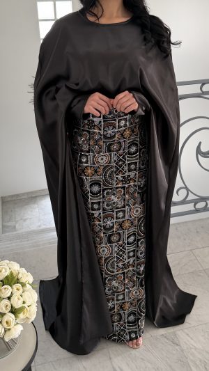 CREATION - Ensemble en saree cape longue asymétrique au dos [NOIR]