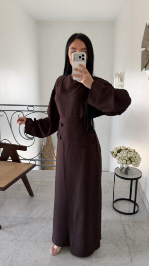 Ensemble jupe portefeuille effet lin [MARRON]