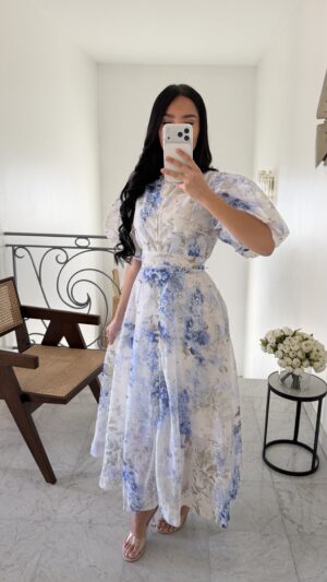 Robe mi-longue en lin perlée [BLEU]