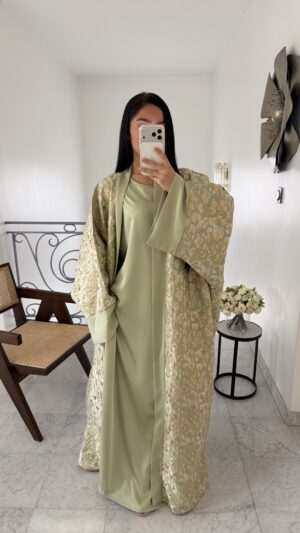 Ensemble oversize satin et kimono en brocard [VERT]