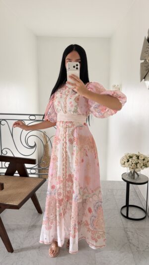 Robe longue sans manches en lin fleuris [ROSE]