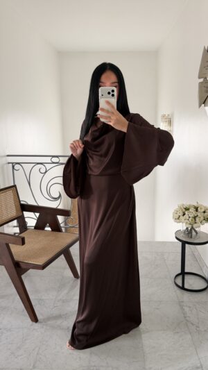 Robe satinée lacets au dos [MARRON]