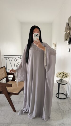 Abaya en mousseline à strass GRIS