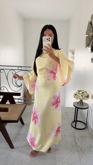 Robe florale jaune à lacets au dos [JAUNE]