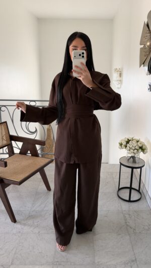 Ensemble en lin ceinture large [MARRON]