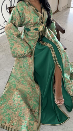 Caftan 2 pièces majestueux en brocard [VERT]
