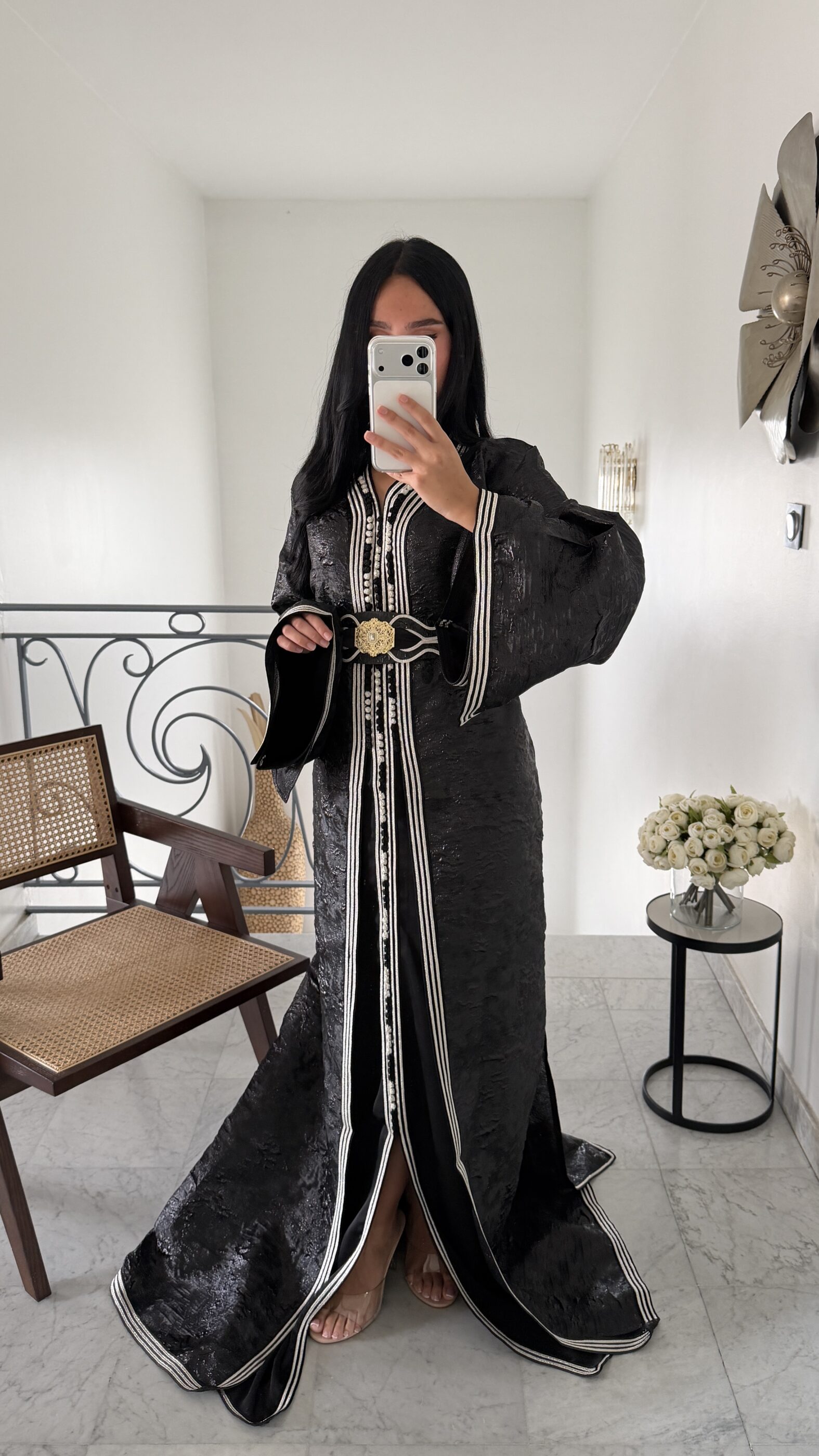 Caftan 2 pièces majestueux en brocard NOIR – Image 4