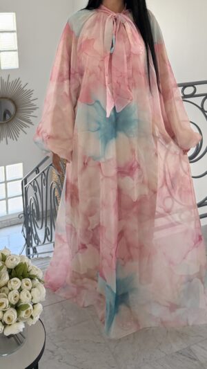 Robe longue fleuris en mousseline noeud [ROSE]