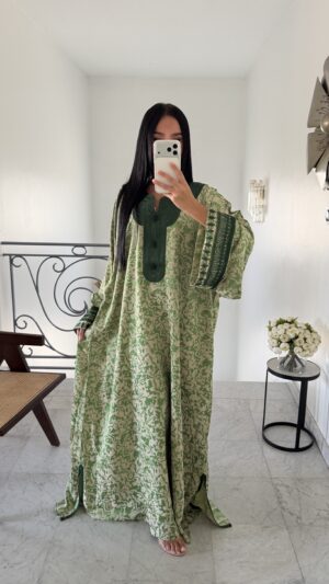 Jellaba artisanale en satin jacquard [VERT]